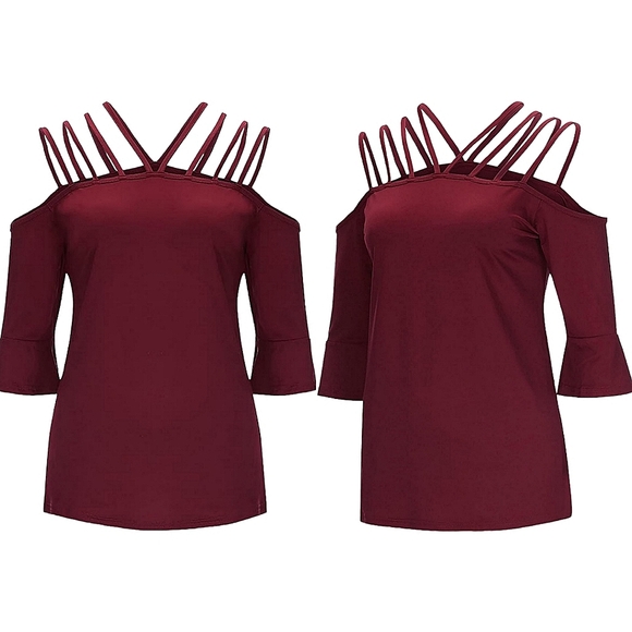Tops - ❤️New Choice Burgundy Red Strappy Off The Shoulder Blouse☆